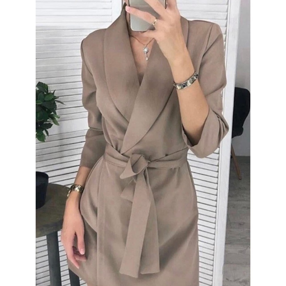Chic Long Sleeve Tan Wrap Dress